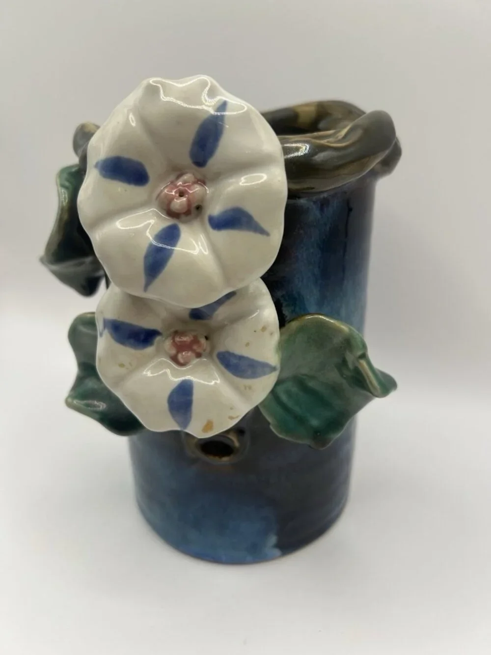 Handmade Studio Pottery Vase Blue Drip Glaze Floral Applied Art Vase Majolica￼